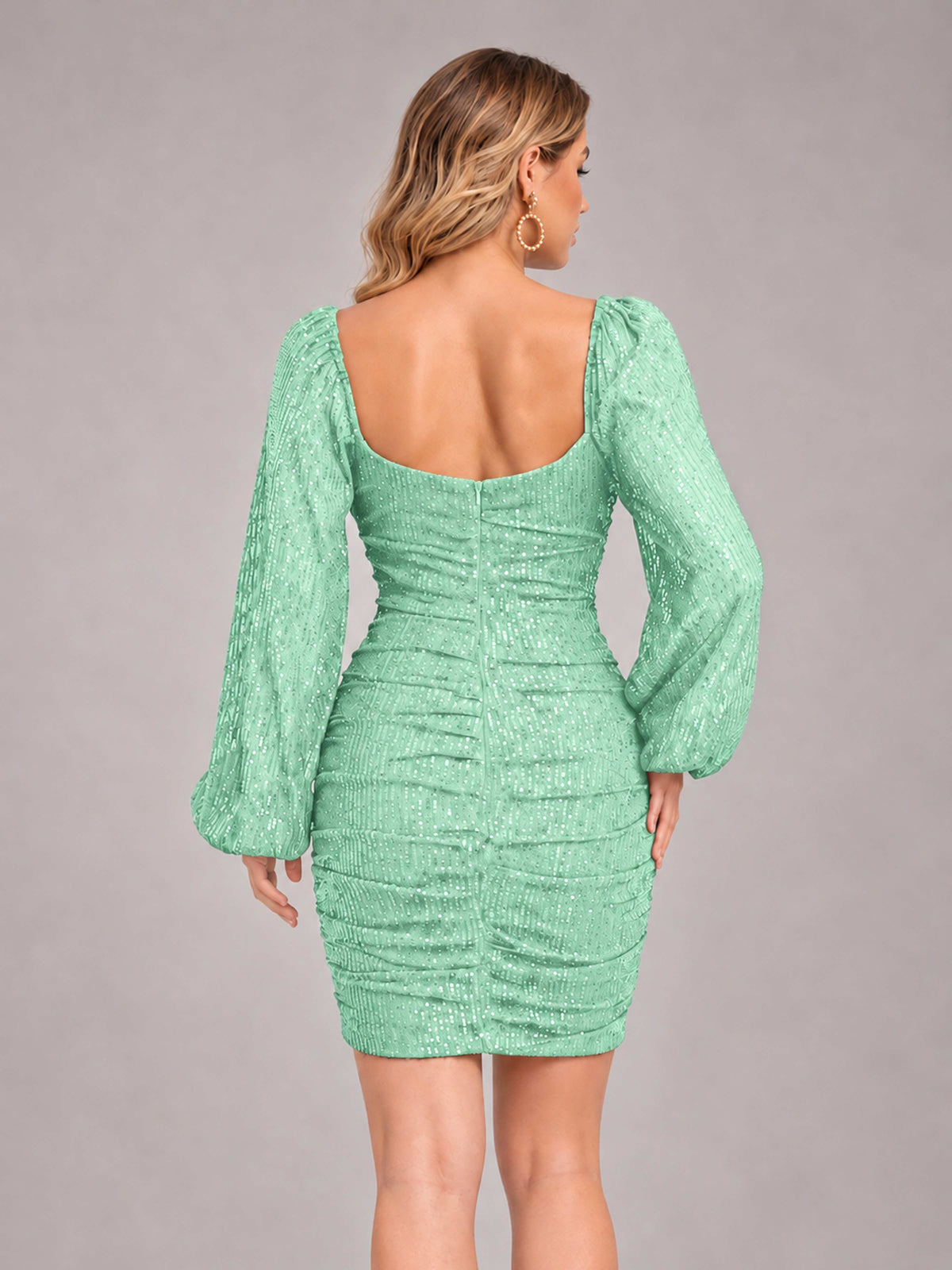 Mint Green Fashionable Long Sleeve V Neck Column Sequins Homecoming Dresses
