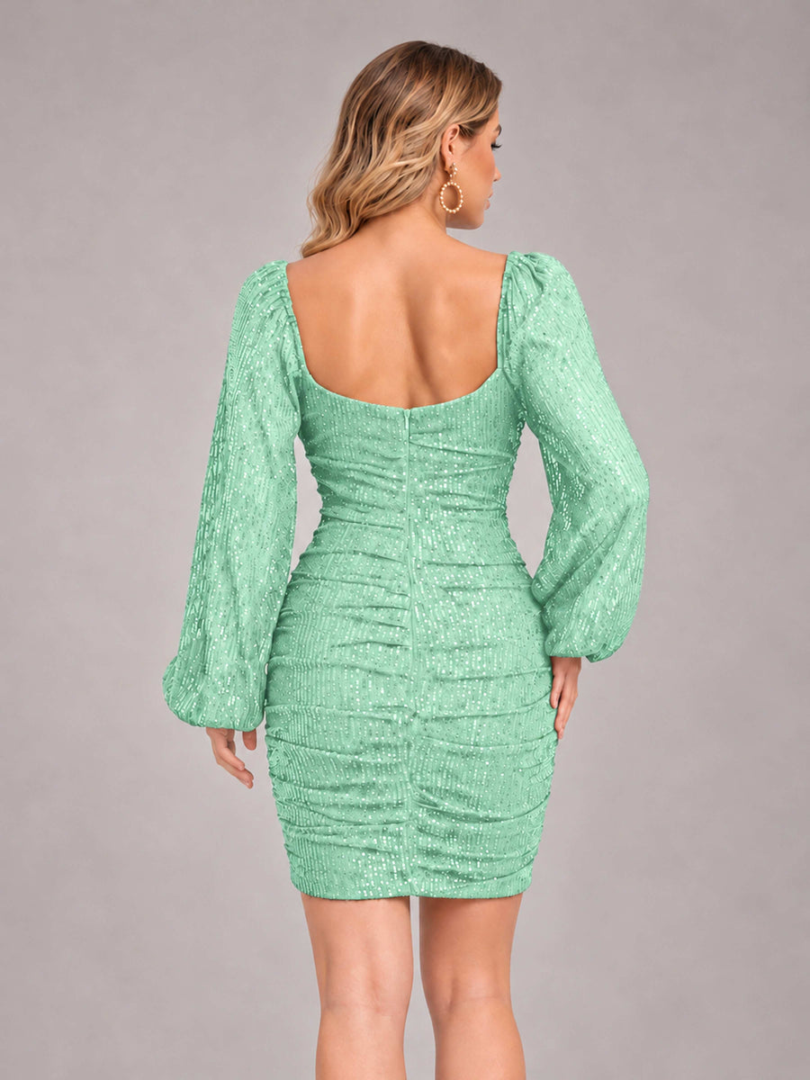 Mint Green Fashionable Long Sleeve V Neck Column Sequins Homecoming Dresses