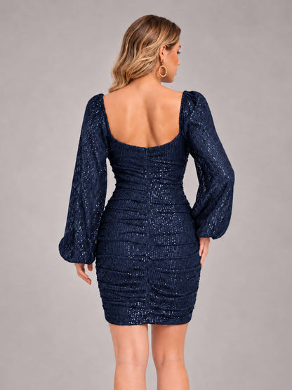 Navy Blue Fashionable Long Sleeve V Neck Column Sequins Homecoming Dresses