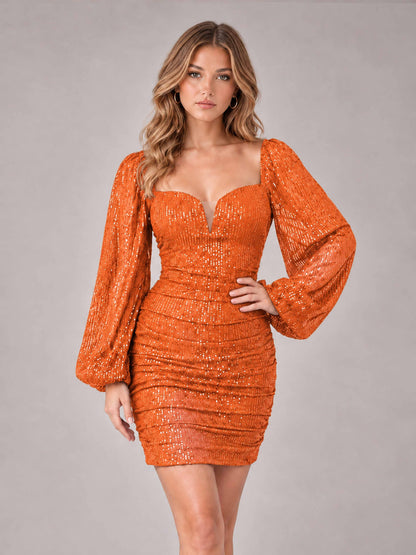 Orange Fashionable Long Sleeve V Neck Column Sequins Homecoming Dresses