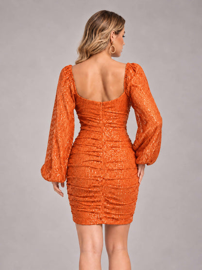 Orange Fashionable Long Sleeve V Neck Column Sequins Homecoming Dresses