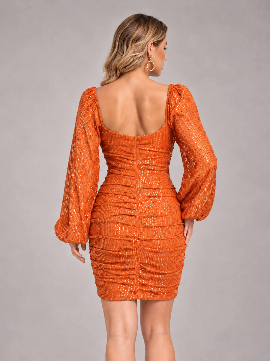 Orange Fashionable Long Sleeve V Neck Column Sequins Homecoming Dresses