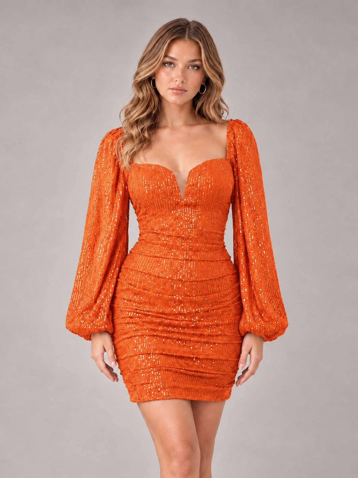 Orange Fashionable Long Sleeve V Neck Column Sequins Homecoming Dresses