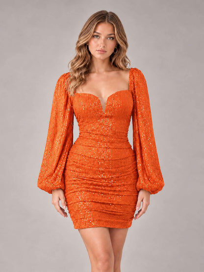 Orange Fashionable Long Sleeve V Neck Column Sequins Homecoming Dresses