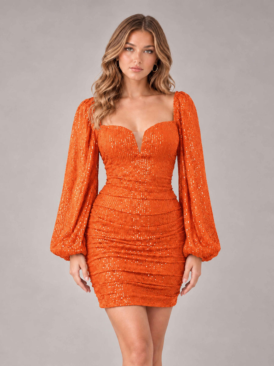 Orange Fashionable Long Sleeve V Neck Column Sequins Homecoming Dresses