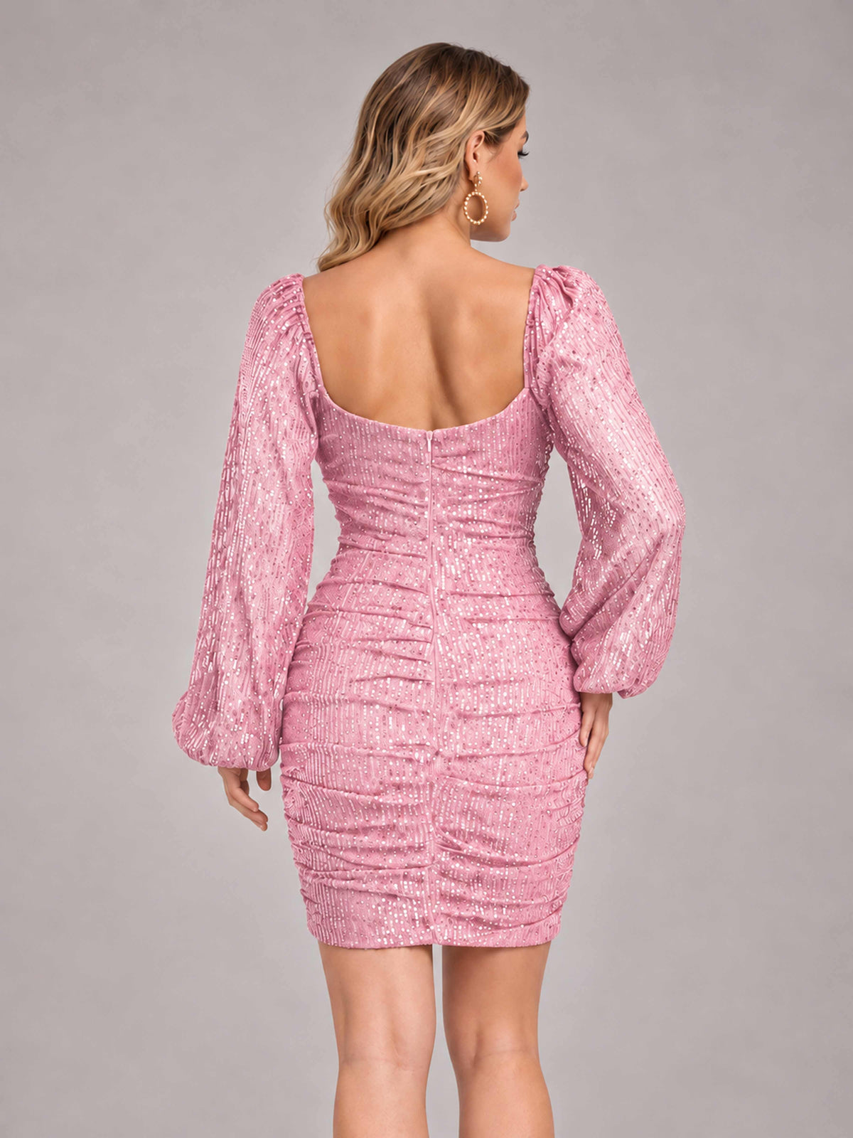 Pink Fashionable Long Sleeve V Neck Column Sequins Homecoming Dresses