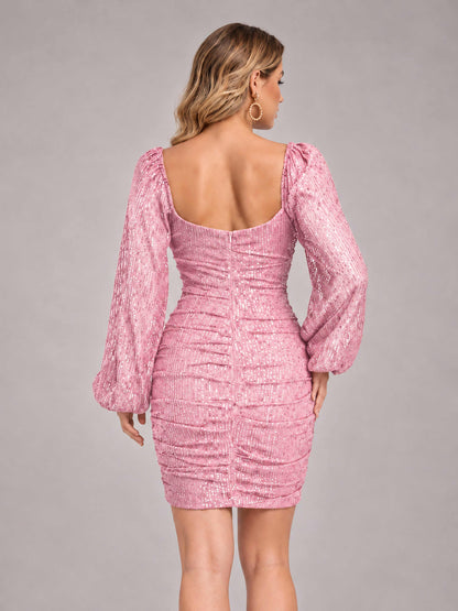 Pink Fashionable Long Sleeve V Neck Column Sequins Homecoming Dresses