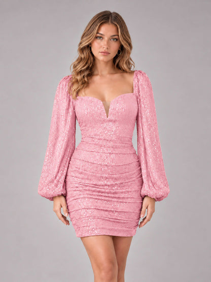 Pink Fashionable Long Sleeve V Neck Column Sequins Homecoming Dresses