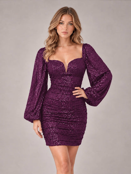 Plum Fashionable Long Sleeve V Neck Column Sequins Homecoming Dresses