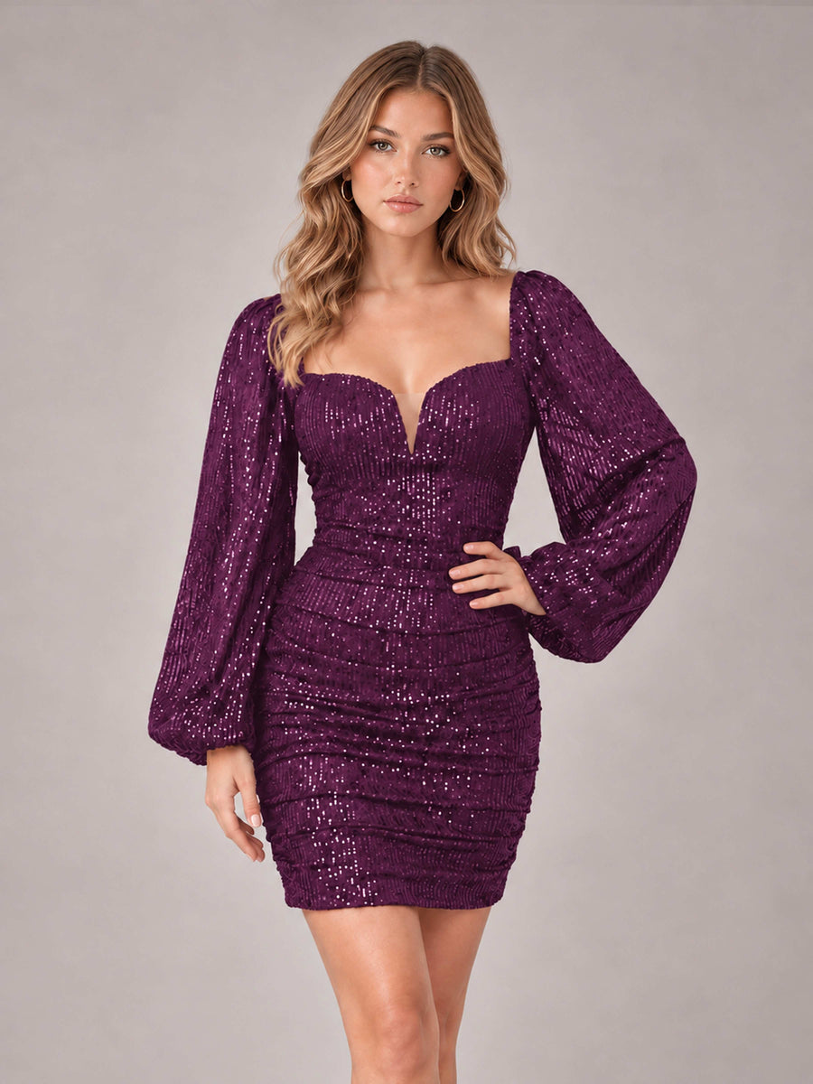 Plum Fashionable Long Sleeve V Neck Column Sequins Homecoming Dresses