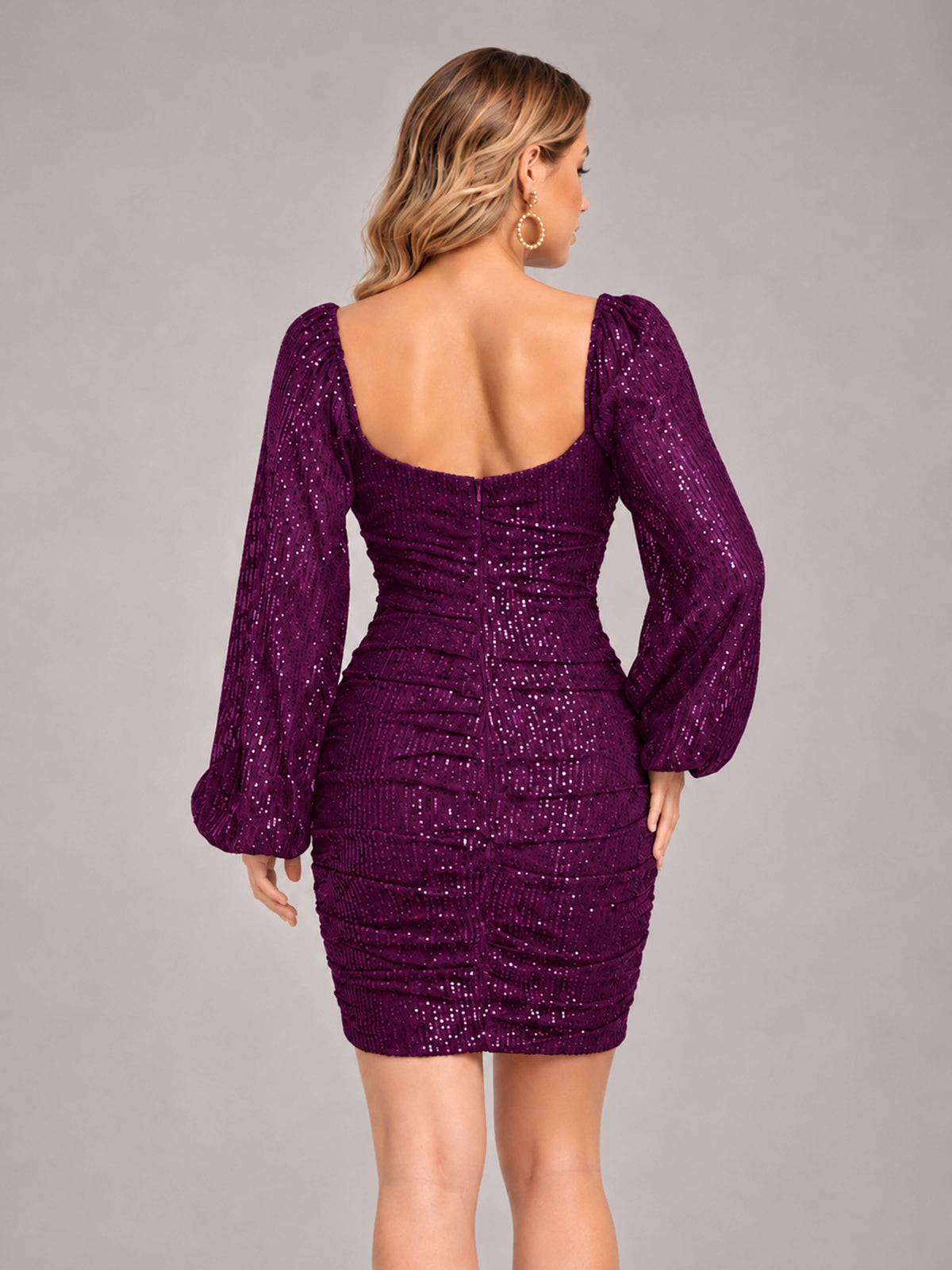 Plum Fashionable Long Sleeve V Neck Column Sequins Homecoming Dresses