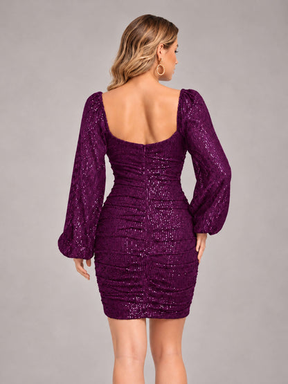 Plum Fashionable Long Sleeve V Neck Column Sequins Homecoming Dresses