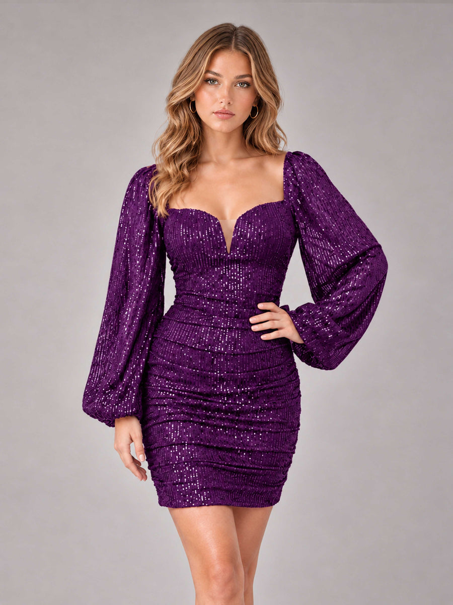 Purple Fashionable Long Sleeve V Neck Column Sequins Homecoming Dresses