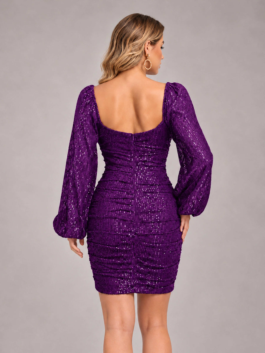 Purple Fashionable Long Sleeve V Neck Column Sequins Homecoming Dresses
