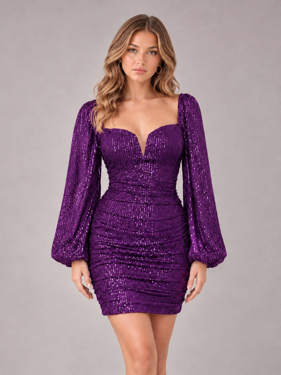 Purple Fashionable Long Sleeve V Neck Column Sequins Homecoming Dresses