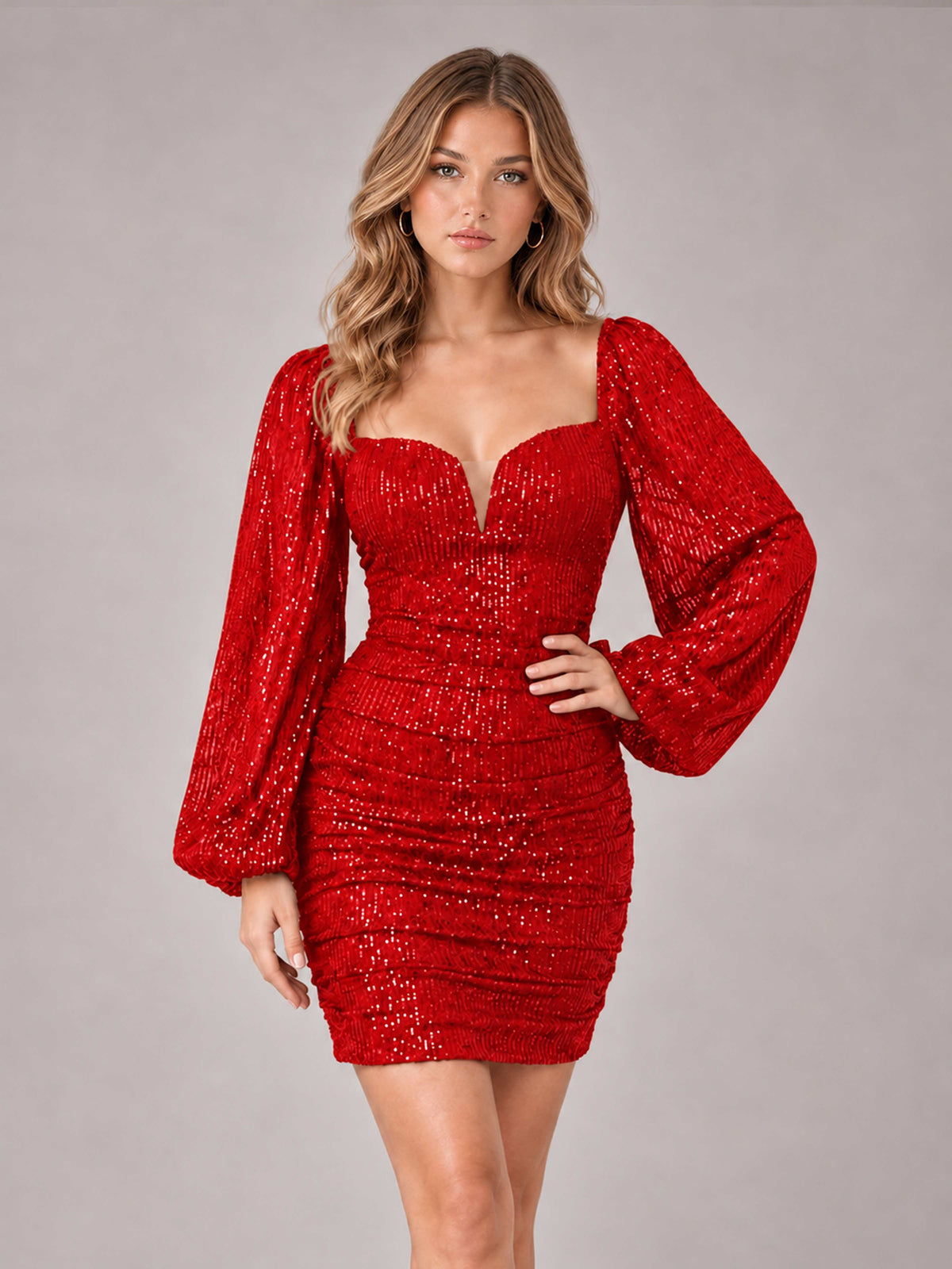 Red Fashionable Long Sleeve V Neck Column Sequins Homecoming Dresses