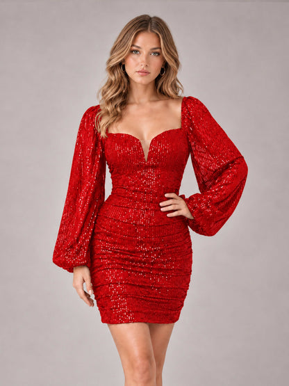 Red Fashionable Long Sleeve V Neck Column Sequins Homecoming Dresses