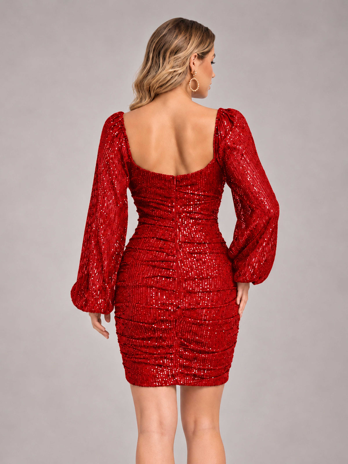 Red Fashionable Long Sleeve V Neck Column Sequins Homecoming Dresses
