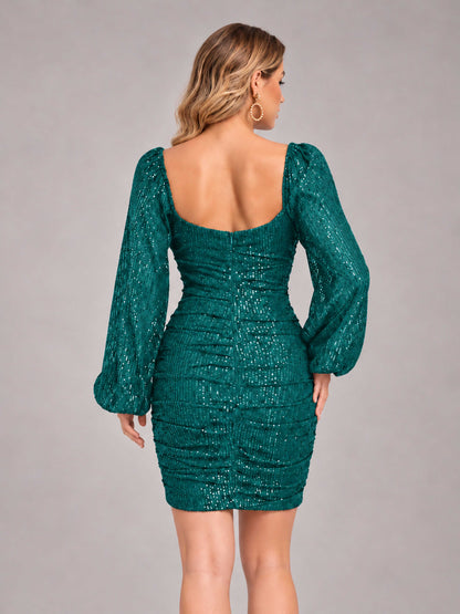 Teal Fashionable Long Sleeve V Neck Column Sequins Homecoming Dresses