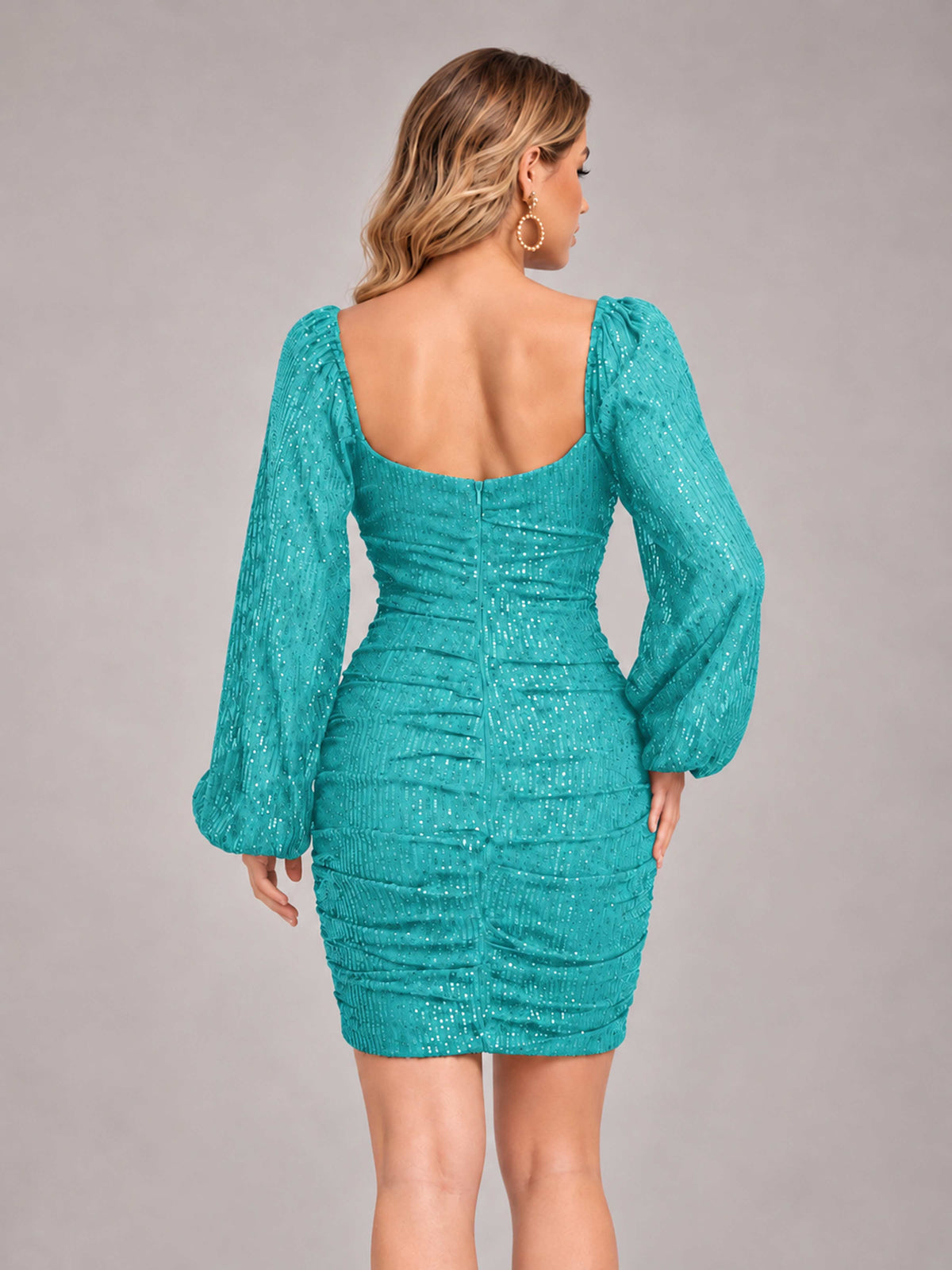 Turquoise Fashionable Long Sleeve V Neck Column Sequins Homecoming Dresses