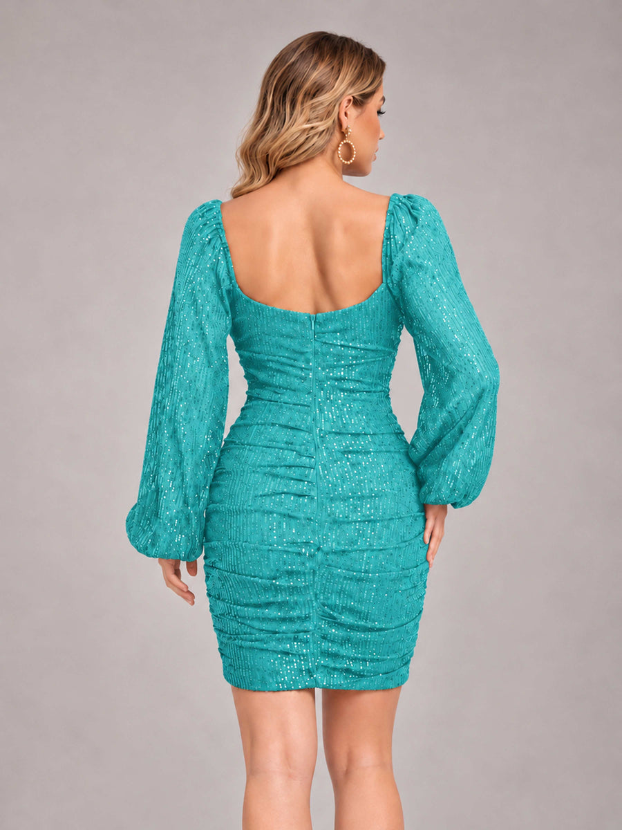 Turquoise Fashionable Long Sleeve V Neck Column Sequins Homecoming Dresses