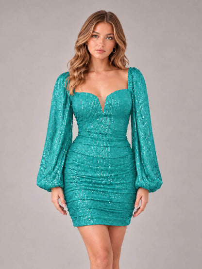 Turquoise Fashionable Long Sleeve V Neck Column Sequins Homecoming Dresses