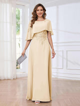 Fashionable Round Short Sleeves Chiffon Floor Length Mother Of The Bride Dresses