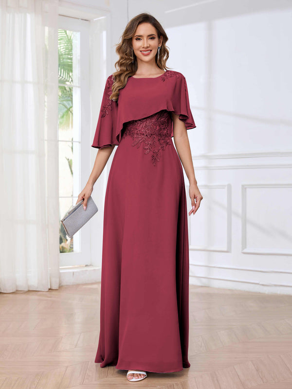 Cinnamon Rose Fashionable Round Short Sleeves Chiffon Floor Length Mother Of The Bride Dresses
