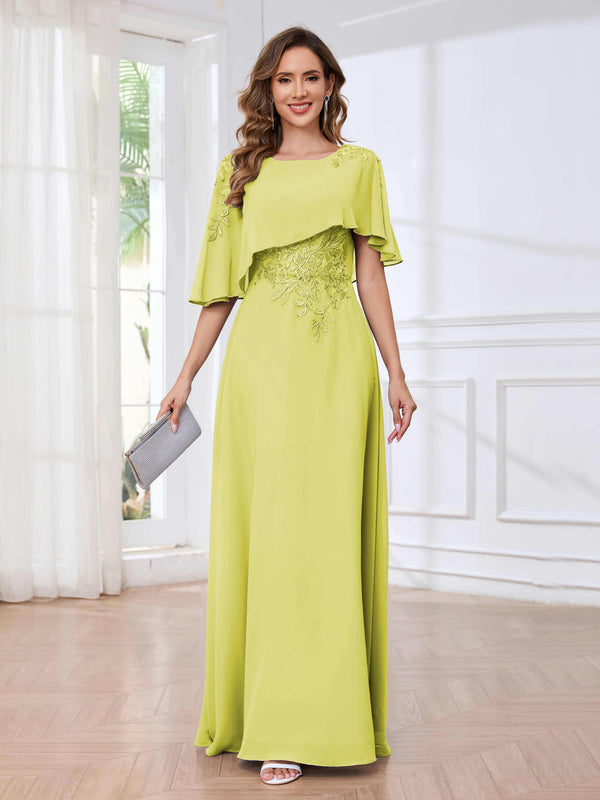 Daffodil Fashionable Round Short Sleeves Chiffon Floor Length Mother Of The Bride Dresses