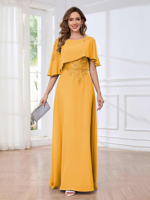 Mustard Fashionable Round Short Sleeves Chiffon Floor Length Mother Of The Bride Dresses