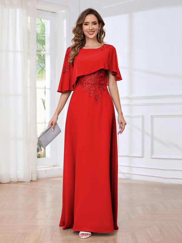 Red Fashionable Round Short Sleeves Chiffon Floor Length Mother Of The Bride Dresses