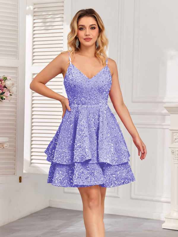 Lilac Fashionable Spaghetti Straps V-Neck Tiered A-Line Homecoming Dresses