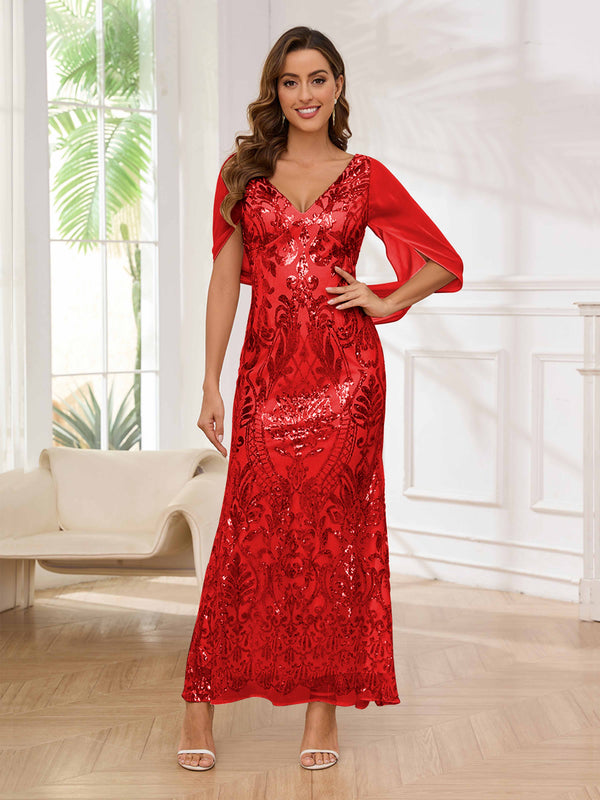 Red Fashionable V-Neck Sheath Sequins Floor Length Mother Of The Bride Dresses