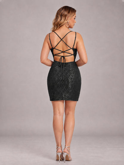 Black Fashionable V-Neck Spaghetti Straps Short Mini Homecoming Dress