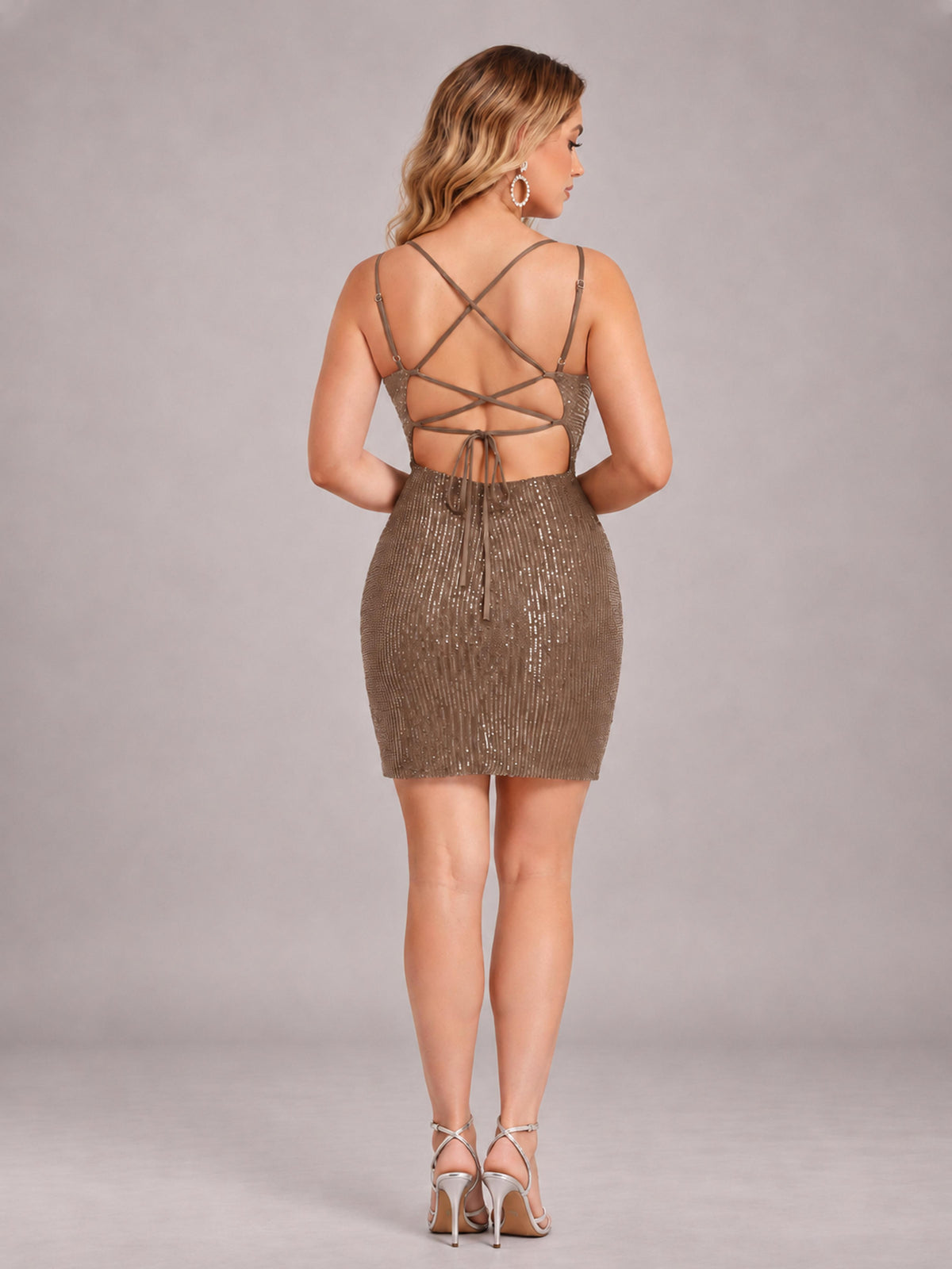 Brown Fashionable V-Neck Spaghetti Straps Short Mini Homecoming Dress