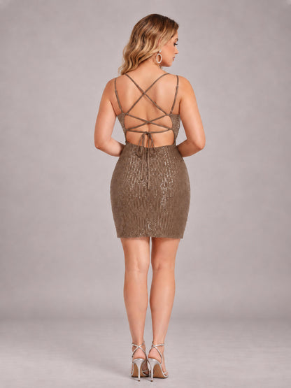 Brown Fashionable V-Neck Spaghetti Straps Short Mini Homecoming Dress