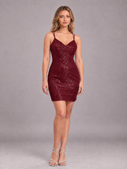 Burgundy Fashionable V-Neck Spaghetti Straps Short Mini Homecoming Dress