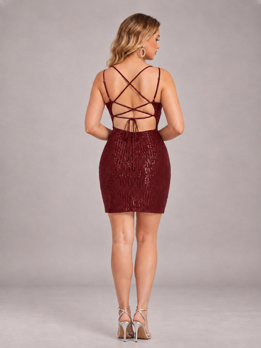 Burgundy Fashionable V-Neck Spaghetti Straps Short Mini Homecoming Dress