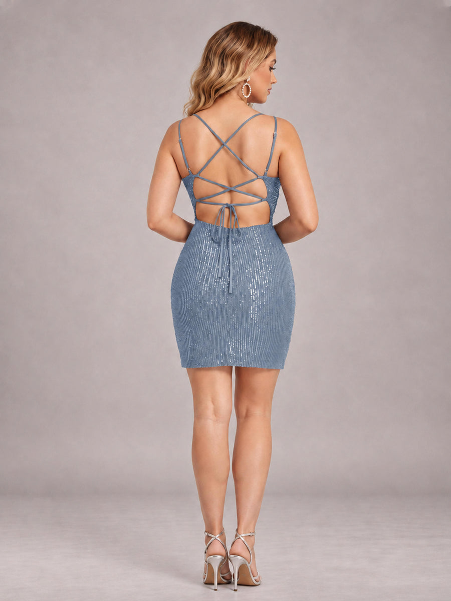 Dusty Blue Fashionable V-Neck Spaghetti Straps Short Mini Homecoming Dress