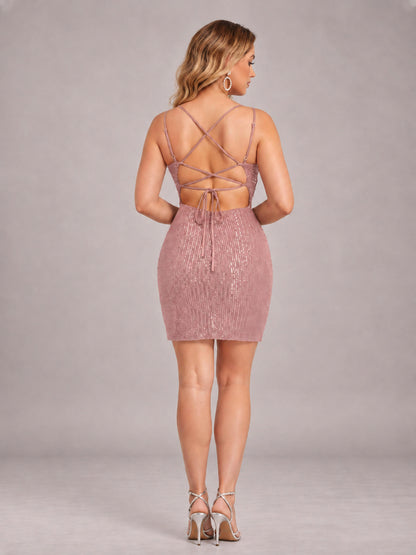 Dusty Rose Fashionable V-Neck Spaghetti Straps Short Mini Homecoming Dress