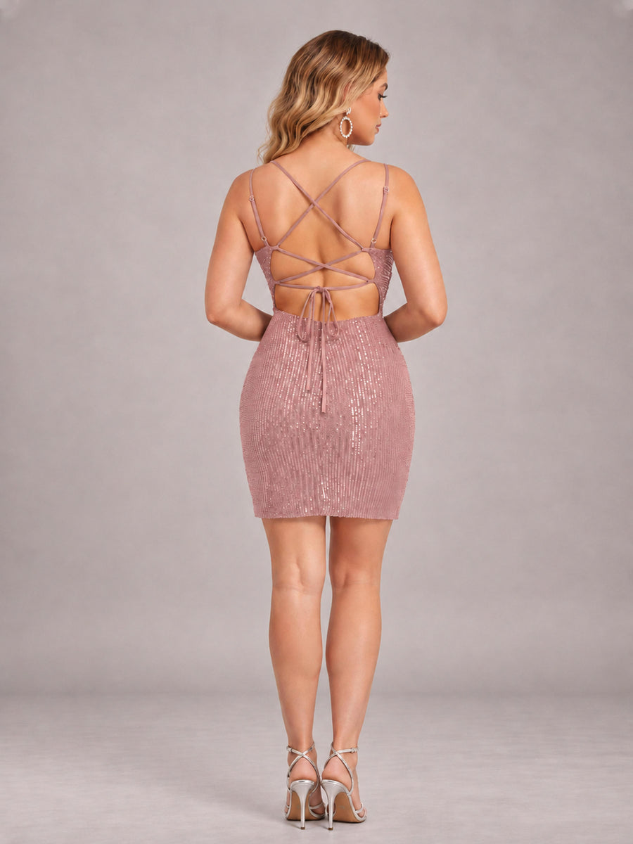 Dusty Rose Fashionable V-Neck Spaghetti Straps Short Mini Homecoming Dress