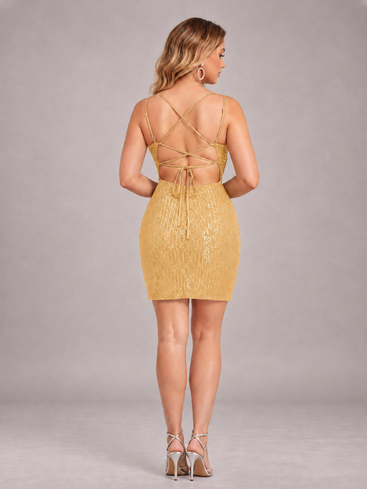 Gold Fashionable V-Neck Spaghetti Straps Short Mini Homecoming Dress