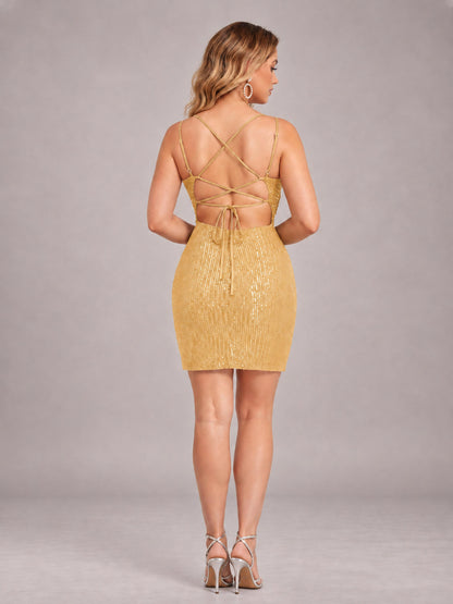 Gold Fashionable V-Neck Spaghetti Straps Short Mini Homecoming Dress