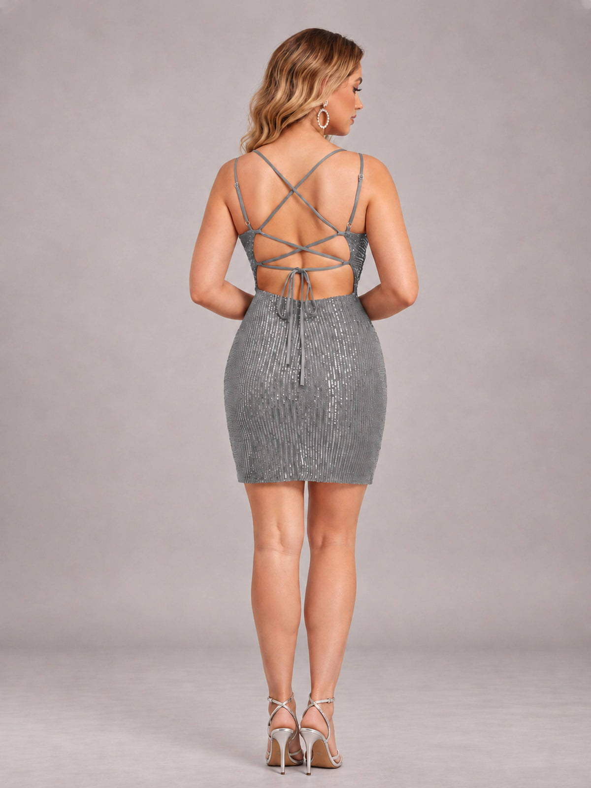 Grey Fashionable V-Neck Spaghetti Straps Short Mini Homecoming Dress