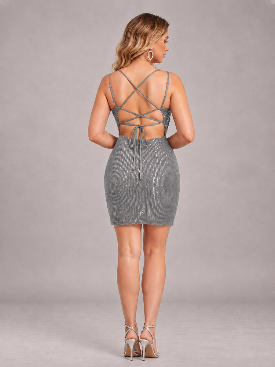 Grey Fashionable V-Neck Spaghetti Straps Short Mini Homecoming Dress