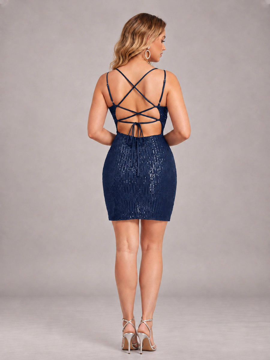 Navy Blue Fashionable V-Neck Spaghetti Straps Short Mini Homecoming Dress
