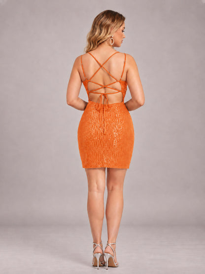 Orange Fashionable V-Neck Spaghetti Straps Short Mini Homecoming Dress