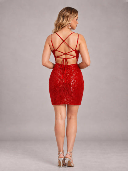 Red Fashionable V-Neck Spaghetti Straps Short Mini Homecoming Dress
