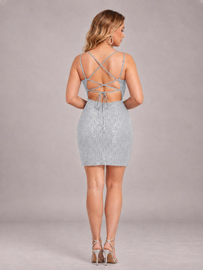 Silver Fashionable V-Neck Spaghetti Straps Short Mini Homecoming Dress