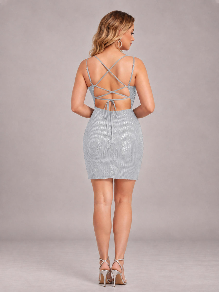 Silver Fashionable V-Neck Spaghetti Straps Short Mini Homecoming Dress